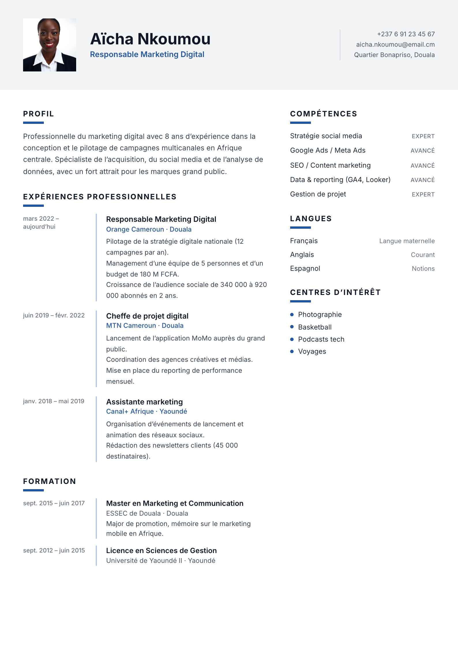 Exemple de CV Bafoussam, modèle sobre à remplir en ligne au Cameroun