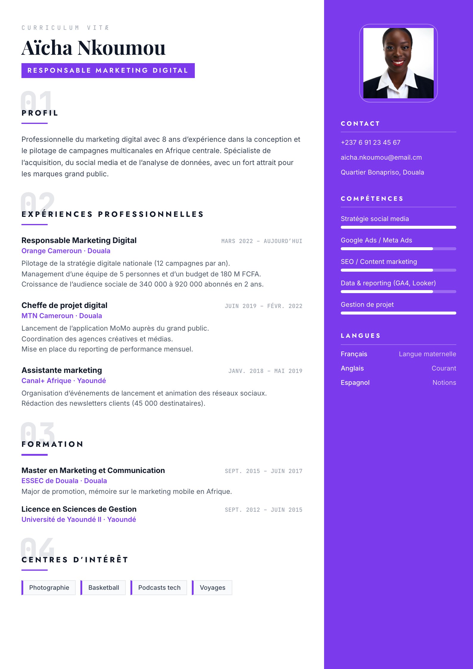 Exemple de CV Bertoua, modèle créatif à remplir en ligne au Cameroun