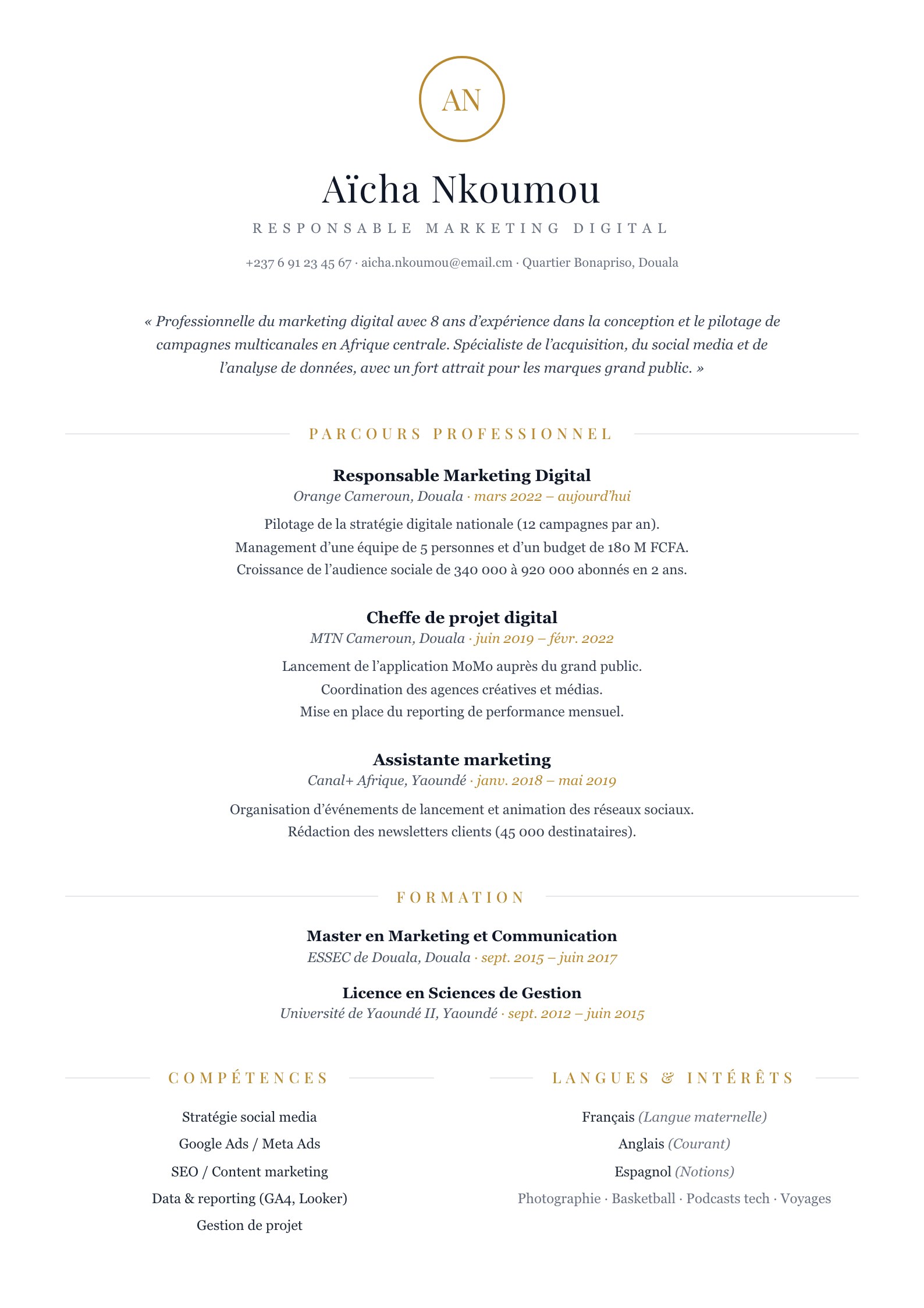 Exemple de CV Buéa, modèle classique à remplir en ligne au Cameroun