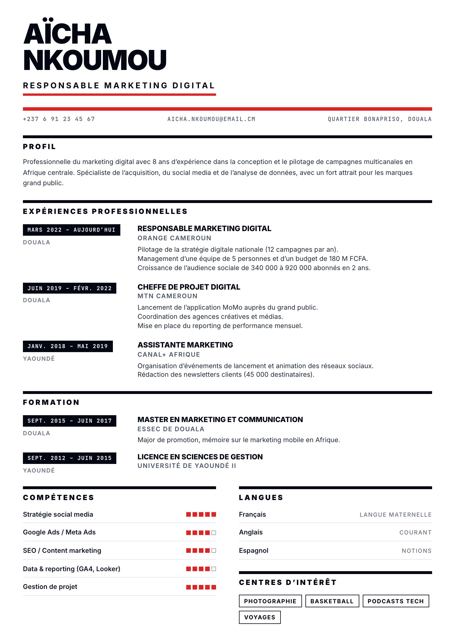 Exemple de CV Edéa, modèle caractère à remplir en ligne au Cameroun