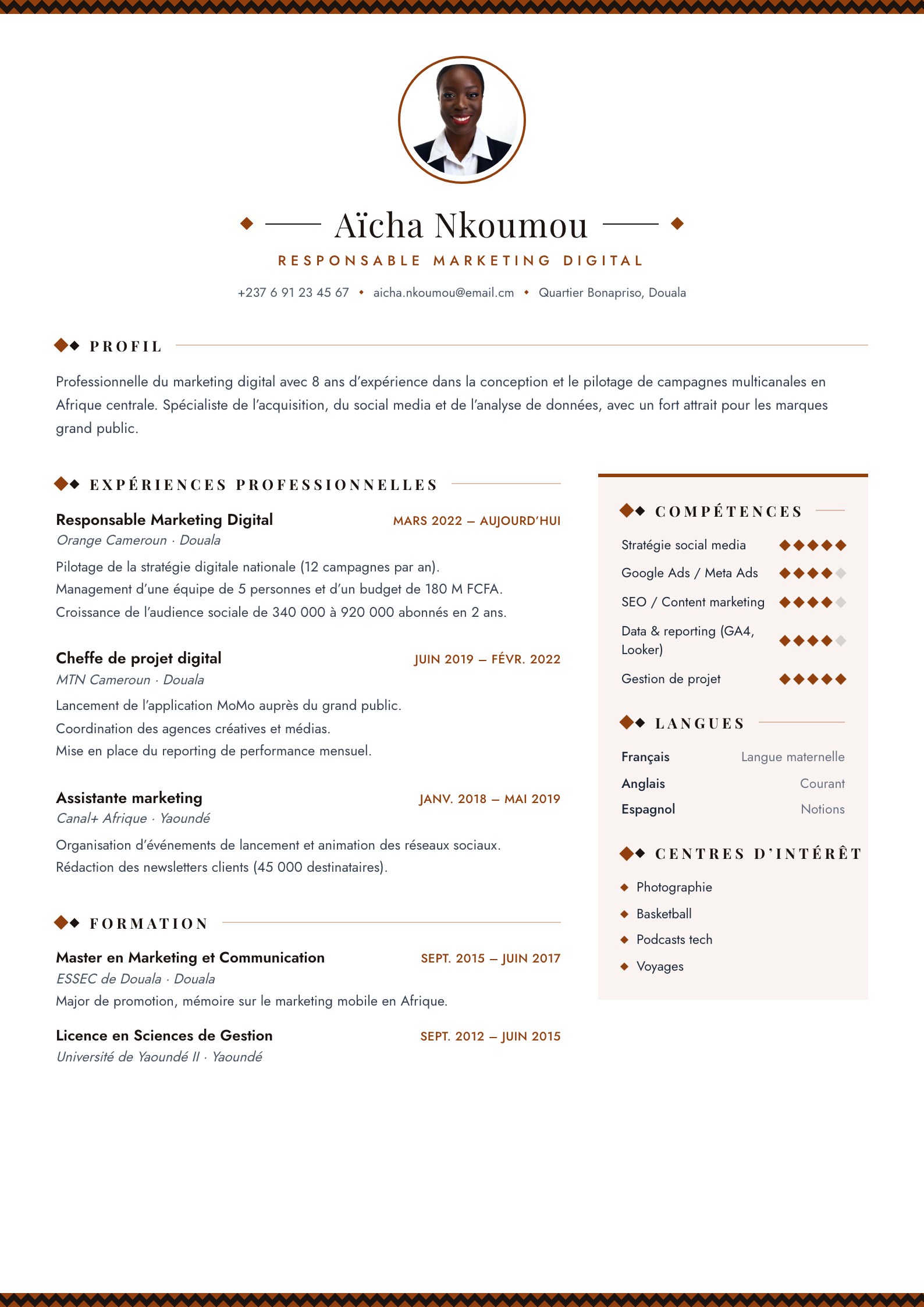 Exemple de CV Foumban, modèle caractère à remplir en ligne au Cameroun
