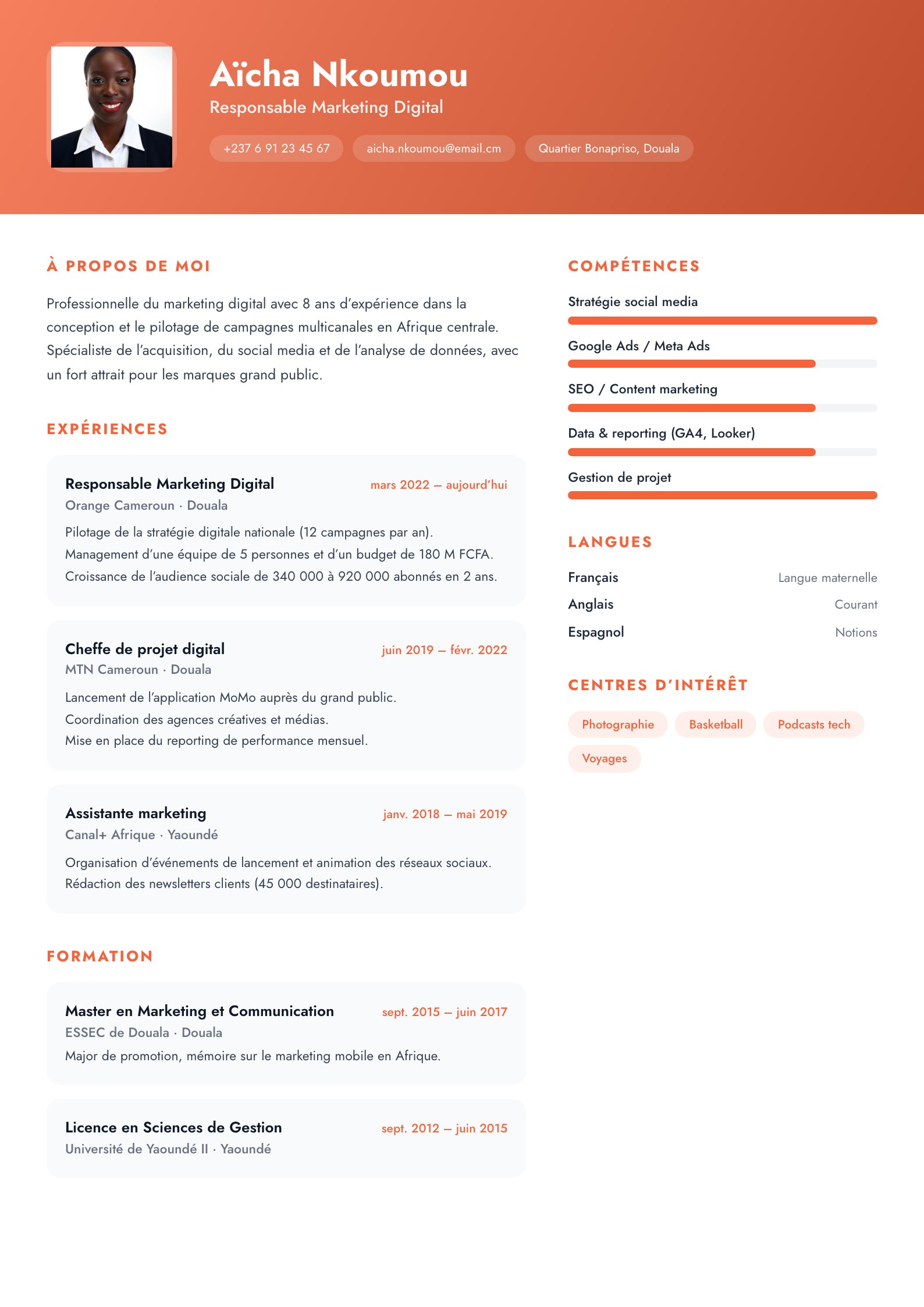 Exemple de CV Kribi, modèle créatif à remplir en ligne au Cameroun