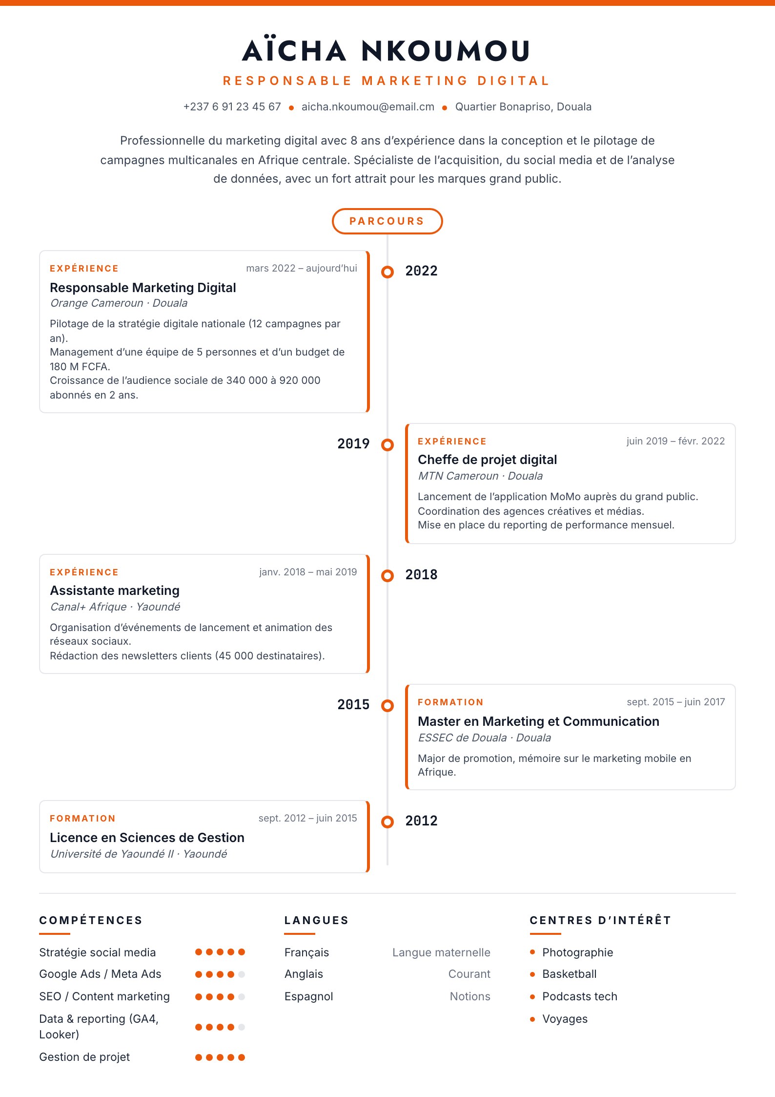 Exemple de CV Kumba, modèle moderne à remplir en ligne au Cameroun