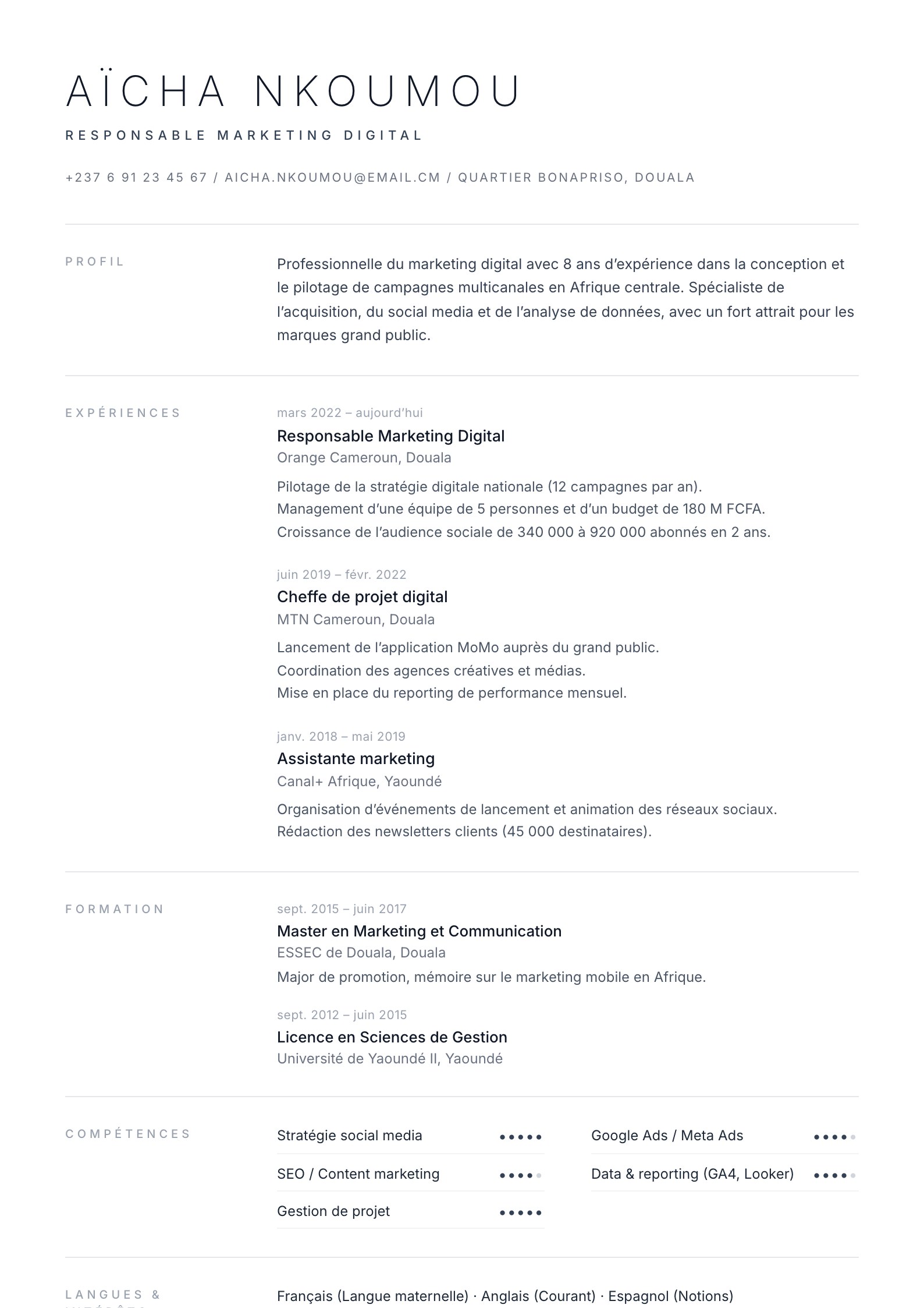 Exemple de CV Limbé, modèle sobre à remplir en ligne au Cameroun
