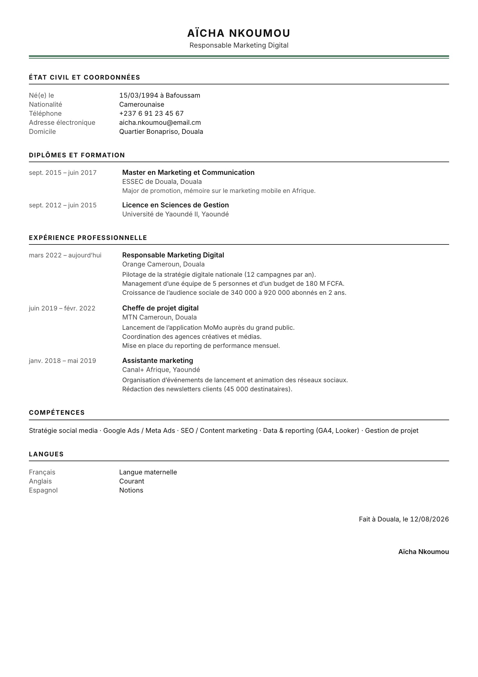 Exemple de CV Mbalmayo, modèle sobre à remplir en ligne au Cameroun