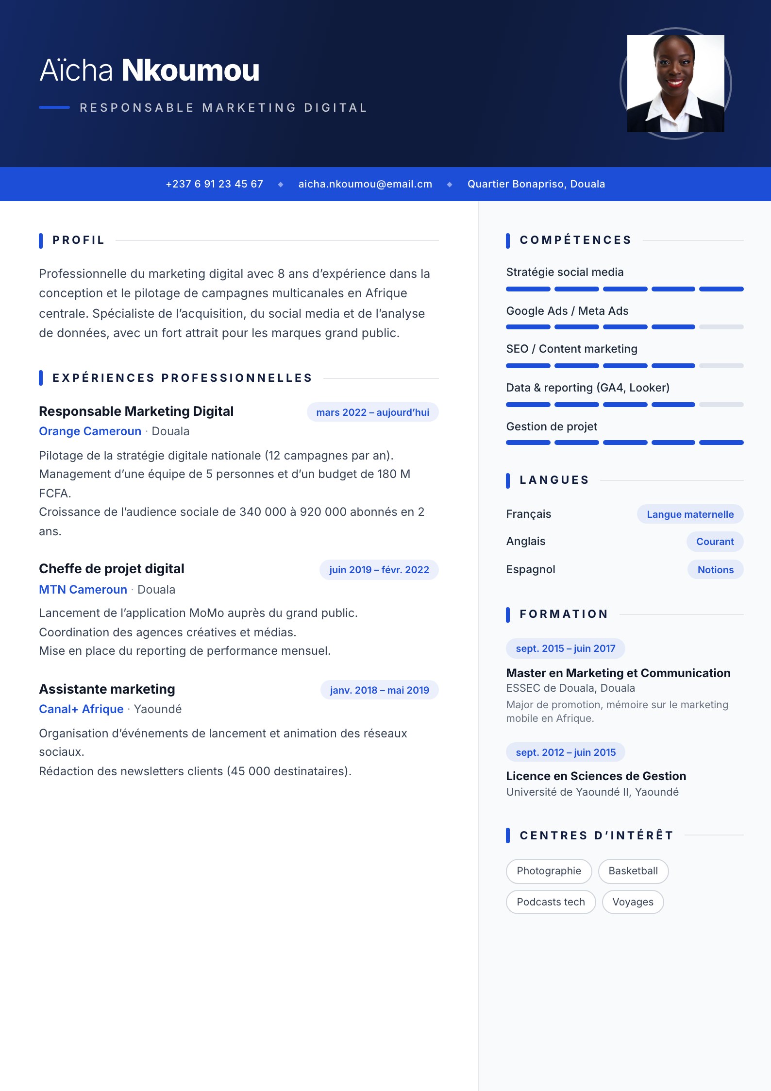 Exemple de CV Ngaoundéré, modèle moderne à remplir en ligne au Cameroun