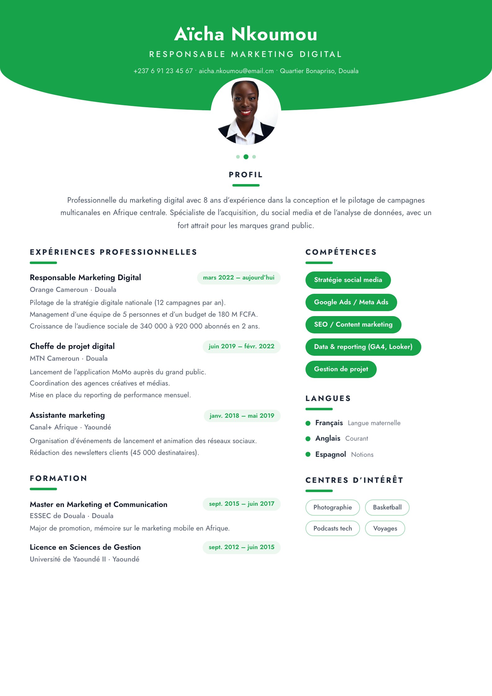 Exemple de CV Sangmélima, modèle créatif à remplir en ligne au Cameroun