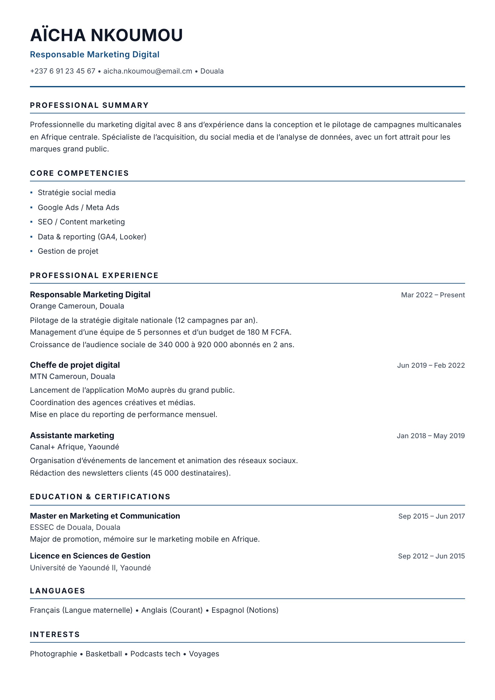 Exemple de CV au format australien, une colonne et sans photo, à remplir en ligne