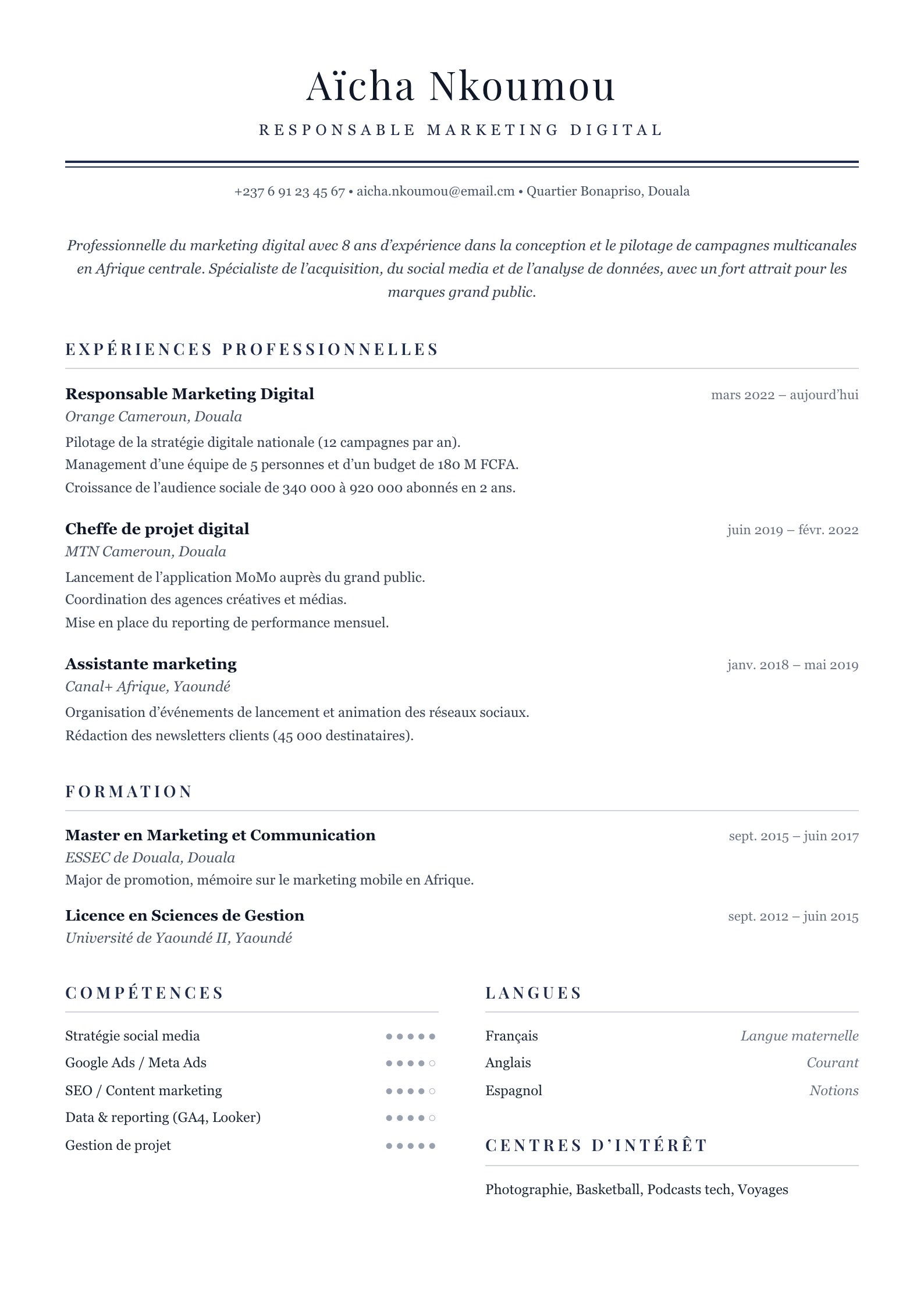 Exemple de CV Yaoundé, modèle classique à remplir en ligne au Cameroun